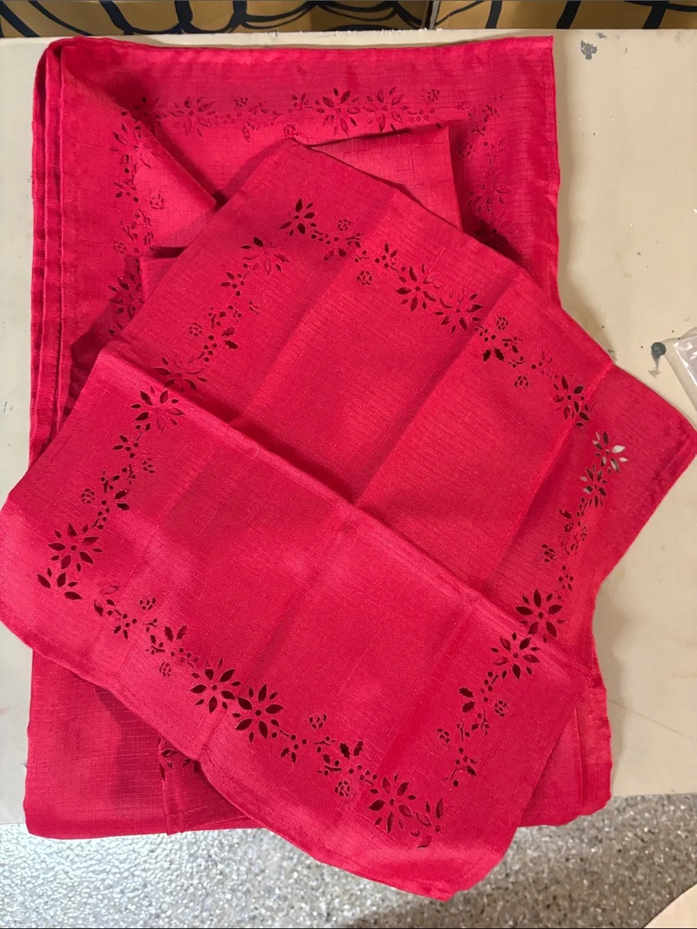 Red Cutwork Table Cloth 60”Wx120”L 8 Napkins - Red